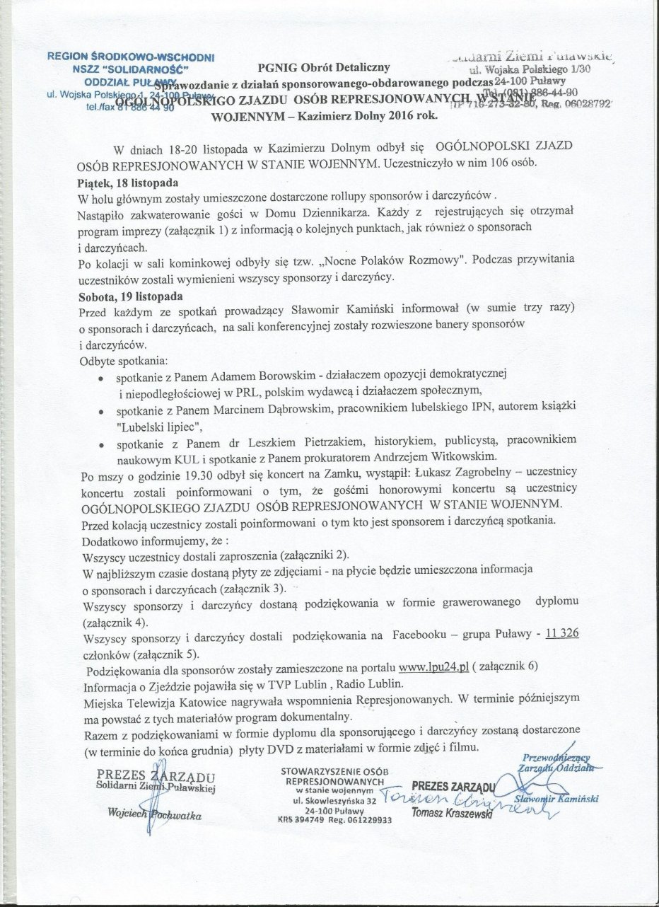 Podsumowanie Og&oacute;lnopolskiego Zjazdu Os&oacute;b Represjonowanych w stanie wojennym w Kazimierzu Dolnym w dn. 18-20.11.2016 r.
