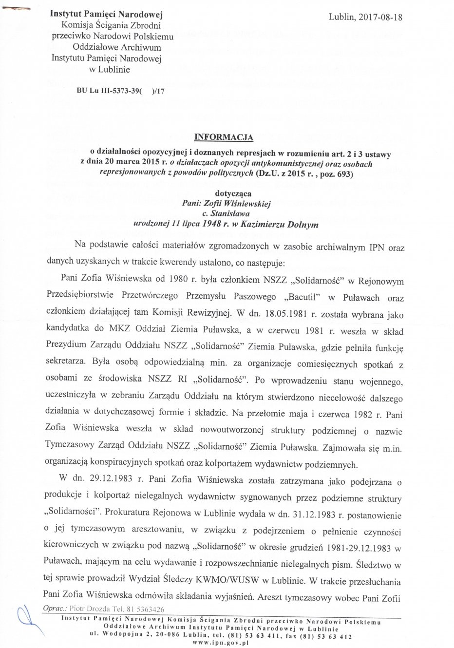 Zofia Wiśniewska-o działalności opozycyjnej i doznanych represjach.